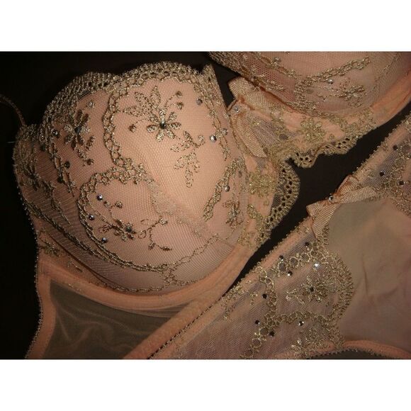 Victoria's secret 32D,34D BRA SET panty embroidered PINK gold peach DREAM ANGELS - Picture 2 of 3